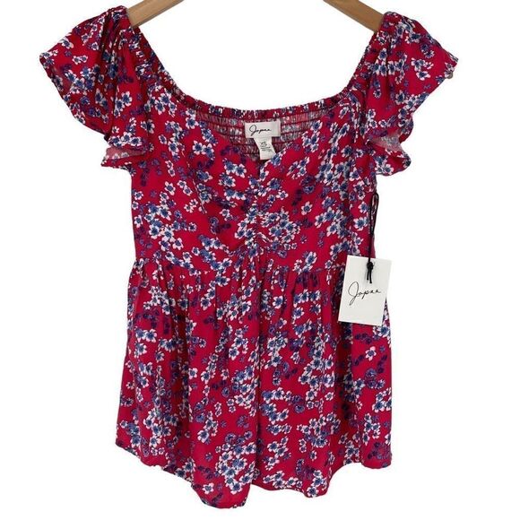 Japna Floral Ruffle Short Sleeve Off The Shoulder Flowy Top Boho Juniors XS Red - Picture 1 of 5